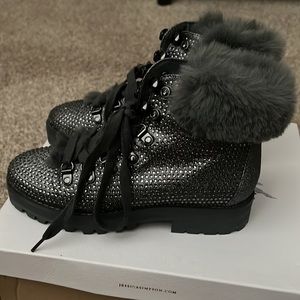 Jessica Simpson furry bedazzled winter boots - pewter worn once size 5.5